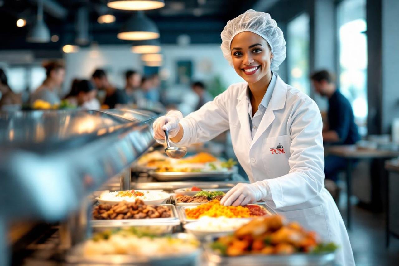 Profissional servindo comida em bufê corporativo
